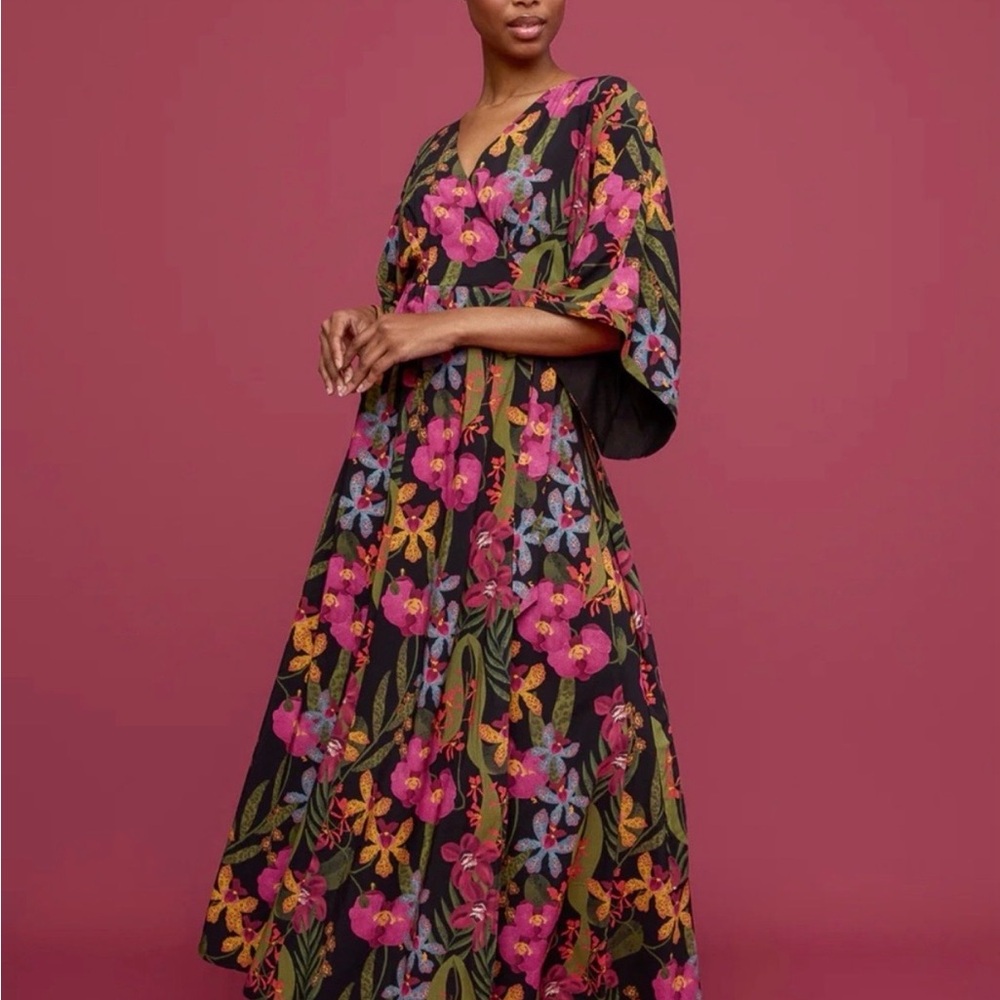 Floral V-Neck Maxi Dress in Black with Pink & Multicolor Print